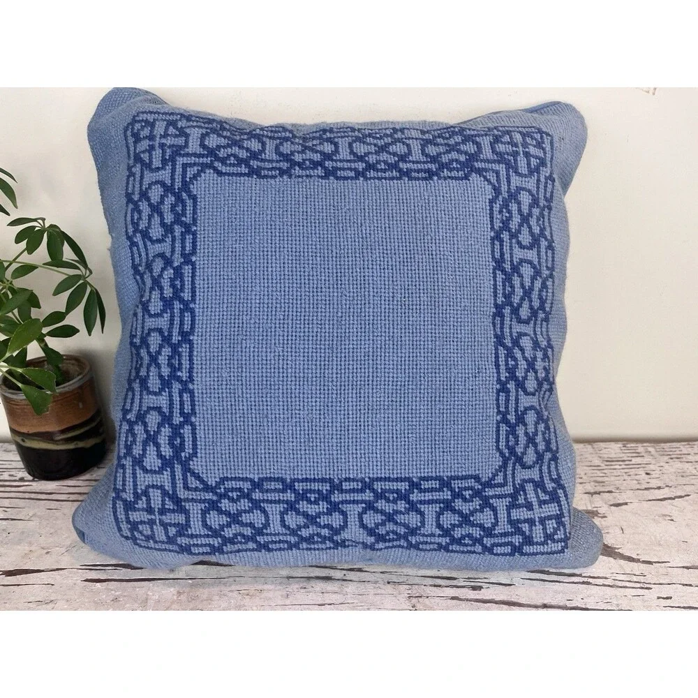 Vintage Blue On Blue Woven Nordic Border Pattern Needlepoint Throw Pillow 15”